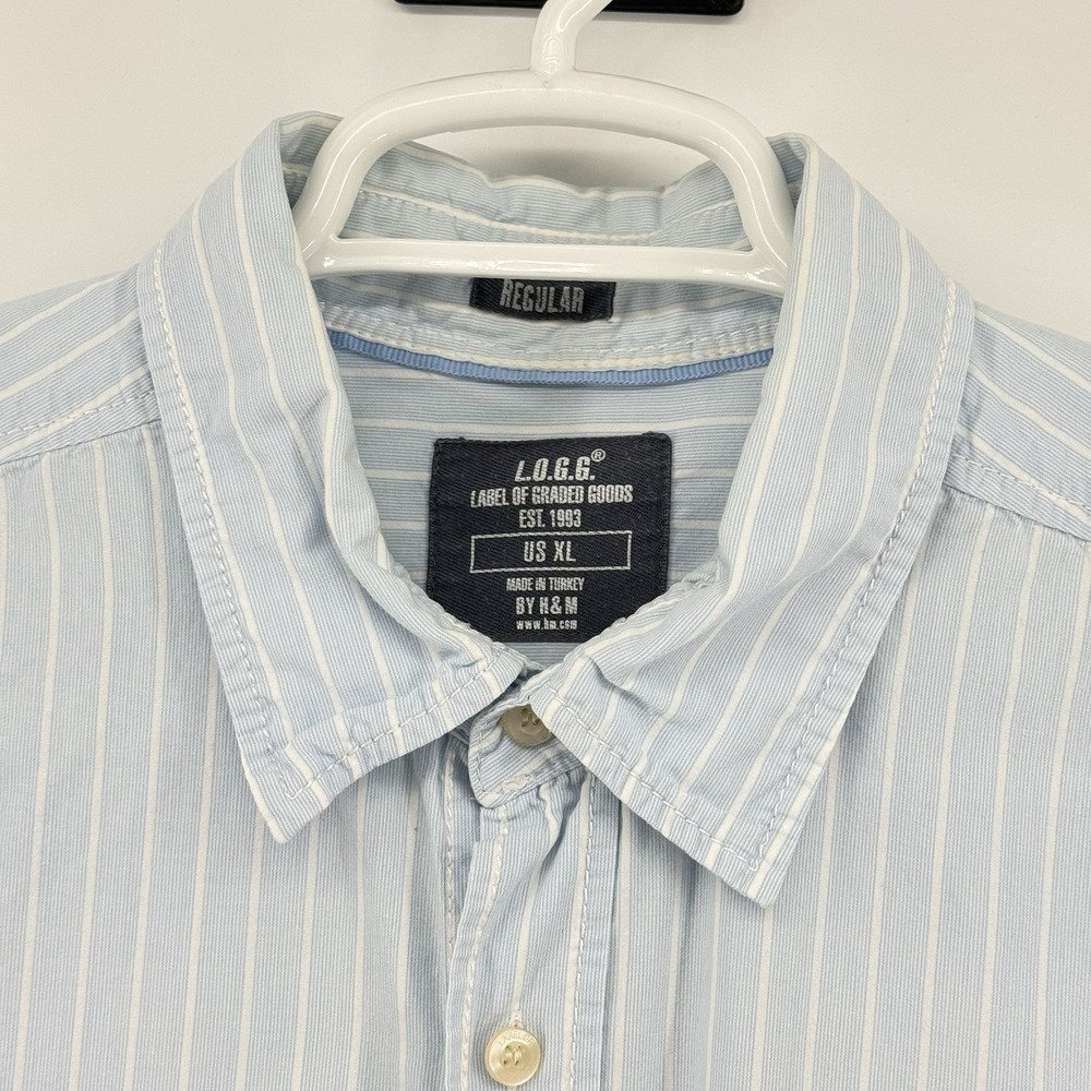 Mens H&M LOGG Striped Long Sleeve Button Front Blue Cotton Shirt Size XL Casual - Picture 4 of 16